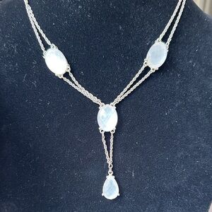 Silver Multi-Chain Y Necklace with White Opalescent Faceted Stones